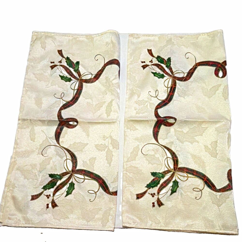 Lenox Holiday Nouveau Cloth Dinner Napkins Ivory Plaid Holly NWOT Set of 2